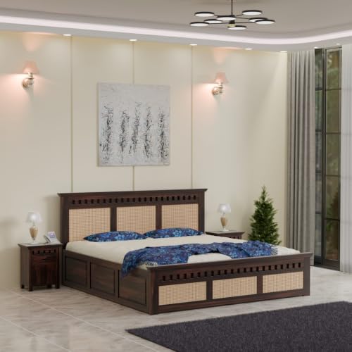 Image of Sheesham Wood King Size Bed with Storage Wooden Double Bed Cot Palang Furniture for Bedroom Living Room Home Hotel (Walnut Finish) 1 Year Warranty
