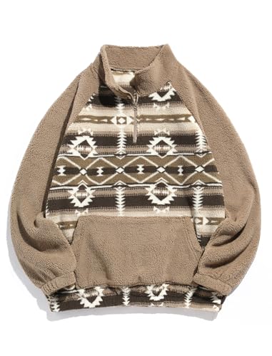 Image of ZAFUL Men 1 /4 Zipper Ethnic Aztec Fleece Unisex Winter Sweatshirt Tops 2026 | Funnel Neck Fluffy Polar Fleece Faux Sherpa Soft Thermal Pullover Kangaroo Pocket Jacket Hoodie Tops
