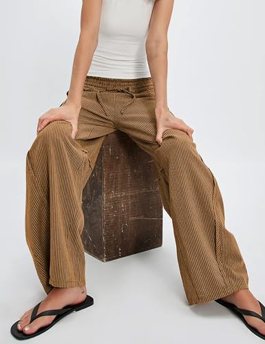 Women's Striped Barrel Pants Drawstring Waist Wide Leg Trousers Pockets Casual Comfort for Office Lounge Travel3