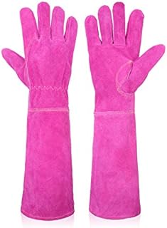FACELANDY Gardening Gloves for Women & Men, Cowhide Leather Long Sleeve Rose Pruning Gloves, Thorn Proof Garden Work Gauntlet with Forearm Protection (L, Pink)