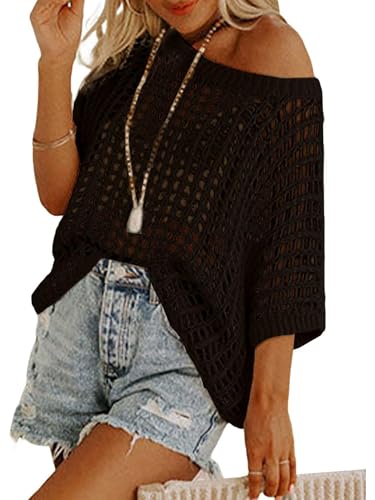 Image of Crochet Tops for Women Off The Shoulder Beach Coverup for Swimsuit Oversized Hollow Out Summer Tops