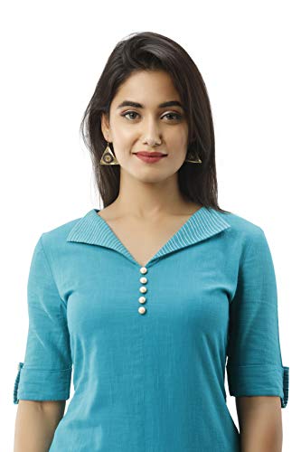 Image of FABRIC FITOOR Women's Cotton Slub Solid Teal Blue Color Embroidered Asymmetric Half Sleeve Kurta