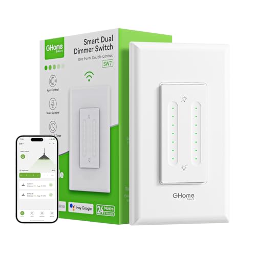 GHome Smart Dual Dimmer Light Switch 2 in 1 Single Pole Smart Dimmer Switch Works with Alexa & Google Home WiFi 2.4Ghz Stepless Dimming Voice Control Remote Control Schedule & Timer FCC Listed