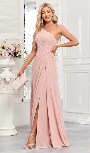 Rjer Women's One Shoulder Pleated Bridesmaid Dresses Long Chiffon A Line Evening Formal Dress with Slit3