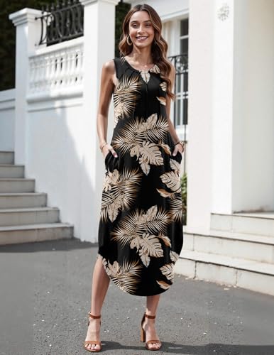 Image of Zeagoo Women Floral Summer Casual Beach Printed Tank Dress with Pockets Pleated Front Long Dress