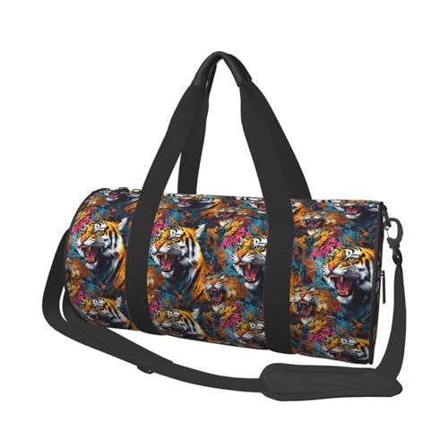 Cool Tiger Graffiti Print Travel Duffle Bag, Sports Gym Bags for Women Men, Carry On Weekender Overnight Personal Item Travel Bags