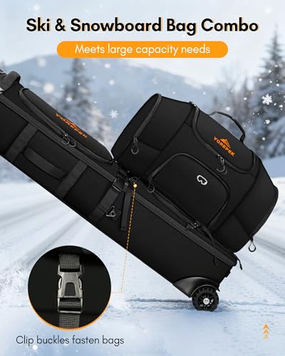 YOREPEK Roller Ski Bag and Boot Bag Combo, Extendable 160–175cm Double Ski Bag for Air Travel, Holds 2 Pairs of Skis, Large Detachable Ski Boot Bag, Padded Multi-Pocket Snowboard Bag with Wheels