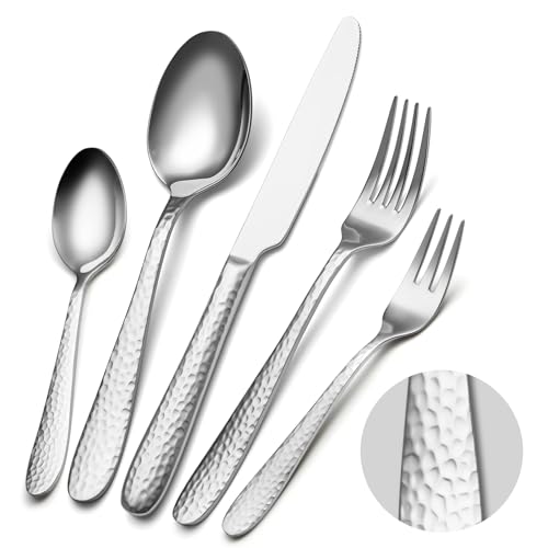 Juego de cubiertos martillados, EIUBUIE 60 piezas cubiertos acero inoxidable, cuberterias completas 12 personas, cubertería con cuchillo, cuchara tenedor, pulido espejo, apto para lavavajillas
