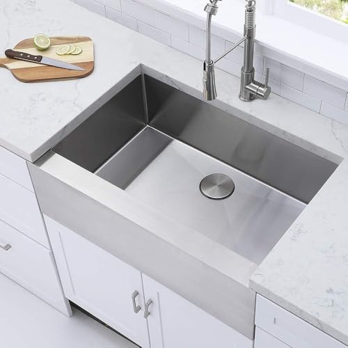 Comllen Modern Commercial 30 Inch 304 Stainless Steel Farmhouse Sink, Single Bowl Kitchen Sink 16 Gauge 10 Inch Deep Handmade Undermount Kitchen Apron Sink Farm Sink