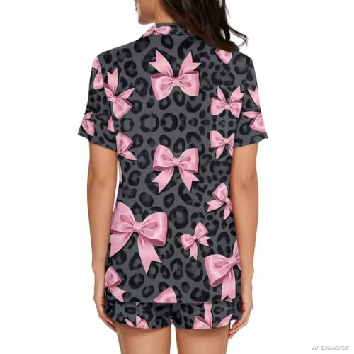 Image of Renewold Button Down Womens Pajama Set Short Sleeve Loungewear Bow Nightwear Sleepwear Night Suit Tops Shorts 2 Pieces