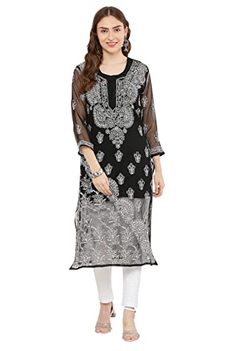 Image of FAWOMENT Women's Designer Straight Georgette Hand Embroidered Lucknowi Chikankari Kurta Designed in Side Jhaar Pattern Alongwith Slip
