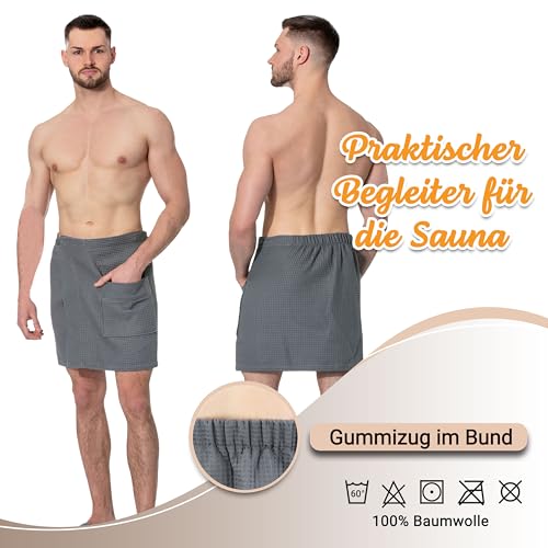 ZOLLNER Herrensaunakilt in Waffelpique - grau - Einheitsgröße - Baumwolle - mit Gummizug und Knopfverschluss - Tasche mit Reißverschluss - waschbar bis 60°C - Oeko Tex® Zertifiziert