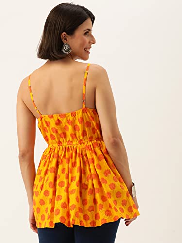 Image of FABRIC FITOOR Cotton Yellow & Orange Floral Print Strapped Peplum Top Girls /Women's /Ladies