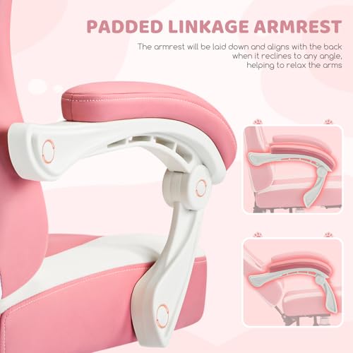 Image of Gaming Chair, Pink Video Game Chairs for Adults with Cat Ears Pocket Spring Cushion Massage Lumbar Support & Headrest, Ringing Accessories Cute Leather Ergonomic Computer Chair for Girls, Pink /White