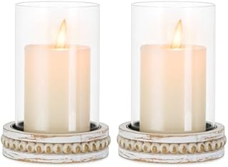 Glasseam Wooden Pillar Candle Holder, Clear Hurricane Candle Holder Set of 2, Rustic Christmas Candle Holders for Living Room, Glass Cylinder Candle Holder with Beaded Candle Tray for Home Decor