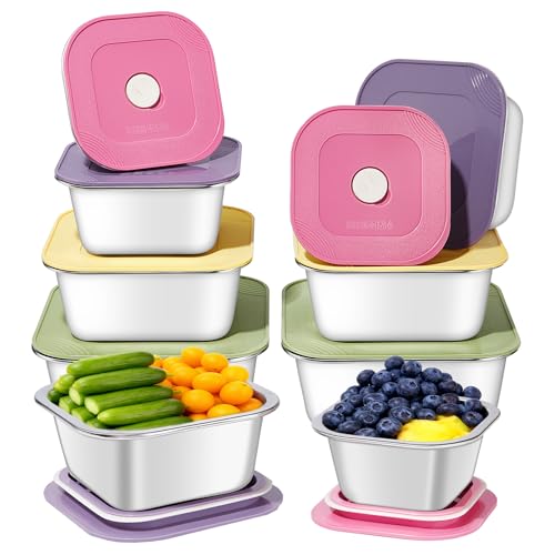 Image of 8-Piece Stainless Steel Food Storage Containers Set with 4 Colorful Lids - Airtight & Leakproof for Meal Prep, Lunch, Leftovers - BPA-Free, Dishwasher Safe - Durable Kitchen & Office Organizers