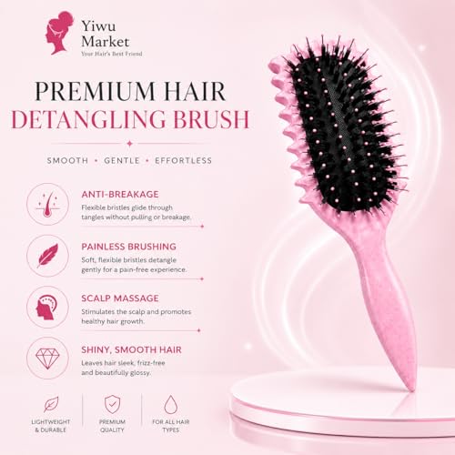 Image of Curly Curved Vented Hair Brush for Women & Men | Hollow Airflow Comb | Flexible Detangling Bristles with Comfortable Grip Handle | Blow-Dry Support & Scalp Massage Brush - Pink