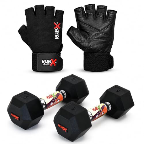 Image of RUBX Rubber Coated Professional Exercise Hex Dumbbells (5 Kg x 2pc (Total = 10 kg + Black Leather Gloves))