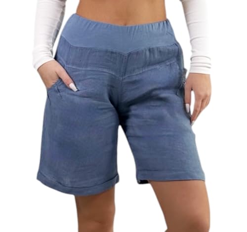 Mississhop 276 Damen Leinenshorts Bermuda – Kurze Sommerhose aus 100% Leinen, luftig, elegant, mit Knöpfen Jeansblau XL