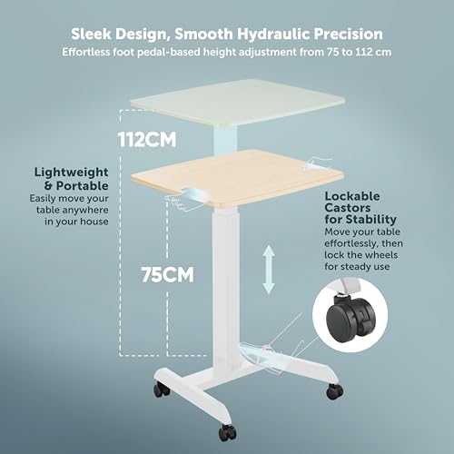 Image of JIN OFFICE Pneumatic Height Adjustable Table Desk | Hydraulic Sit Stand Laptop Table with Wheels and Foot Pedal for Height Adjustment| Portable Laptop Standing Desk (White Frame with Maple Top)