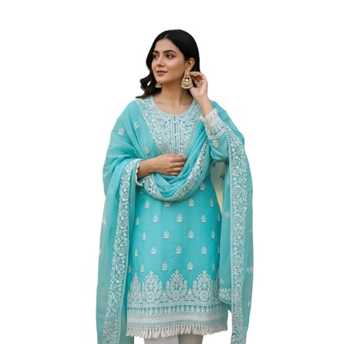 KRAFTLO Women's Heavy Cotton Embroidery Work Unstitched Salwar Suit Dress Material With Chanderi Work Dupatta (Free Size)