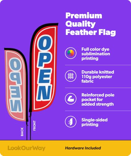 Image of LookOurWay Feather Flag Pole Kit - 7 Feet Tall Advertising Banner with Fiberglass Pole Set and Ground Spike for Business Promotion - Open Flags - Open Red & Blue