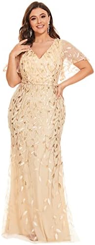 Ever-Pretty Plus Size V-Neck Long Short Ruffle Sleeve Bodycon Formal Evening Dresses for Party Gold US26