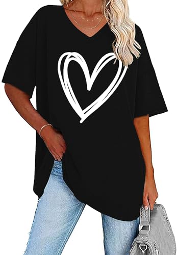 WNEEDU Women Summer T Shirts V Neck Loose Casual Ladies Plus Size Tops Short Sleeve Tee Black White Love 2XL