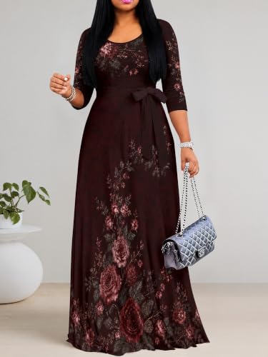 Image of Maxi Dress for Women with Sleeves, Empire Waist Dress | A-line shape, self-tie belt, side pockets and pull-on design; stretch fabric for church, work and casual wear