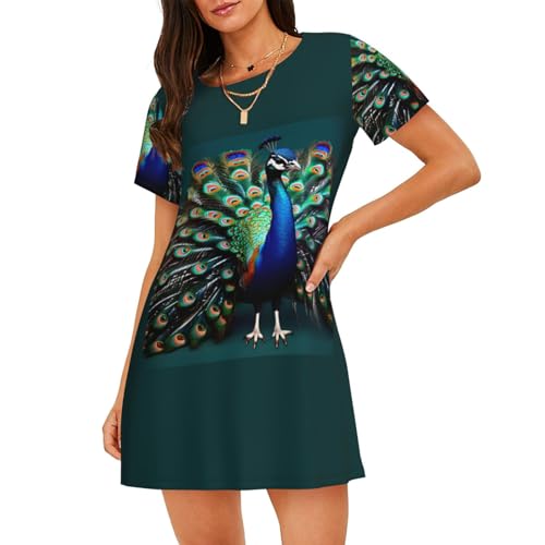 Robe de nuit avec imprimé paon fluide et manches courtes légères