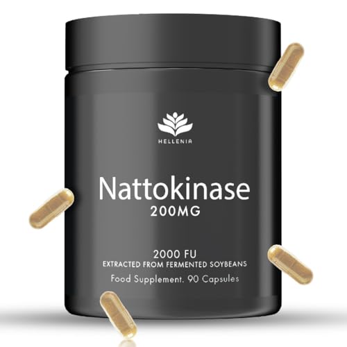 Nattokinase 200mg 2000 FU per Capsule | High Strength Nattokinase Capsules from Fermented Natto Soybeans | Non GMO, Natural & Vegan - GMP Certified Product | 90 Capsules - Made in The UK by Hellenia