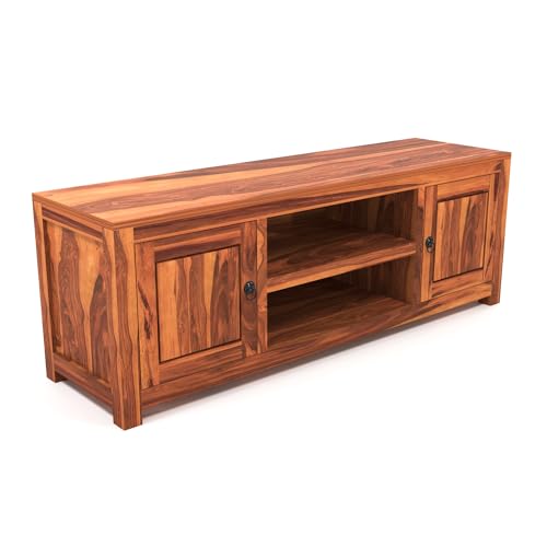 Image of Solid Sheesham Wood Entertainment TV Unit with 2 Door | Rosewood Tv Stand /TV Cabinet for Living Room | Bedroom | Wooden TV Panel with Shelf Stoarge | TV Table (Honey)
