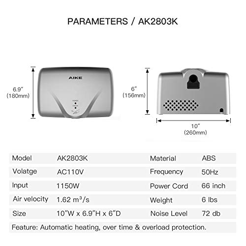 AIKE AK2803K Mini Automatic Hand Dryer for Household High Speed 1150W, Silver ABS Cover.