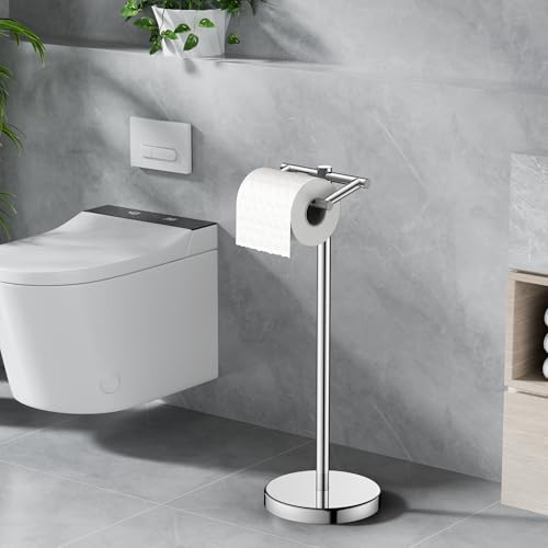 Image of FORIOUS Toilet Paper Holder Wall Mount, Stainless Steel Rustproof Double Post Pivoting Tissue Roll Holder for Bathroom, Commercial Toilet Paper Dispenser Freestanding Toilet Paper Stand, Chrome