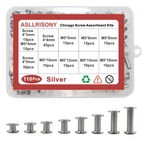 ASLLRISONY 110 Sets Silver Chicago Screws Assorted Kit 8 Sizes of Round Flat Head Leather Rivets Metal Screw Used for Leather Crafts Clothing Shoes Belts Bags and Custom-Made Items