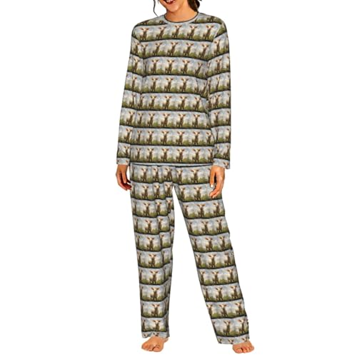 Pyjama imprimé animaux de la ferme pour femme : ensemble manches longues et pantalon fluide doux