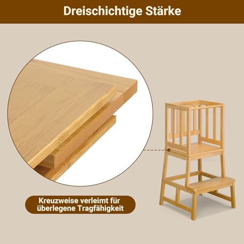 COSYLAND Lernturm ab 1 Jahr - Stylisch Learning Tower - Massiv Montessori Lernturm Kinder - Patented Design Kitchen Helper -Anti-Tip Lernstuhl Kinder ab 1 Jahr - Montessori Turm - Bambusfarbe