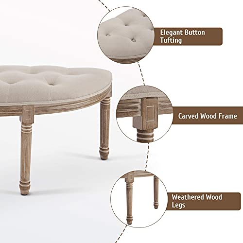 Vonluce Half Moon French Vintage Bench With Padded Seat & Rubberwood Legs, 49" Upholstered Entryway Bench & Dining Bench, Tufted Fabric End Of Bed Bench For Bedroom Living Room Hallway More, Beige #TOP4