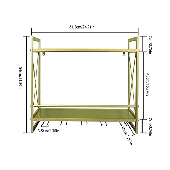 Metal Multipurpose Shelf Hung Bracket 24.2in, Gold Wine Racks Wall Mounted with Glass Holder, 2-Tiers Wall Mount Bottle Holder Glass Rack