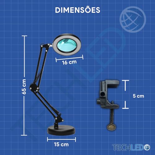 Luminaria Led Ring Light de Mesa Articulavel Abajur C/Garra Controle Intensidade Lupa Aumento Preta