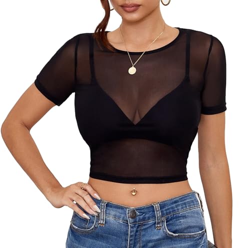 Women's Short Sleeve Mesh Top See Through T-Shirt Sexy Sheer Crop Tops Black Medium