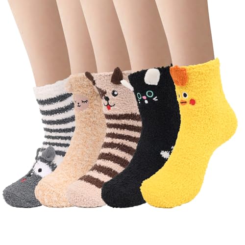 Women Fuzzy Cozy Warm Fluffy Cute Animal Socks - Cat Paw Slipper Socks for Sleeping & - 5/6 Pairs
