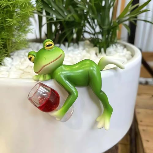 Huease Tipsy Frog Pot Hugger Waterproof Resin Frog Statue Cute Miniature Frog Figurines Plant Pot Decorations for Garden Balcony Patio Lawn Yard Home Office (Red Wine)