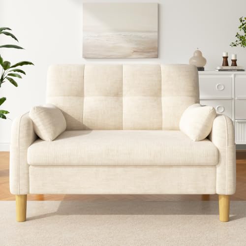 Sofá pequeño beige de chenilla con bolsa lateral para ahorrar espacio 6