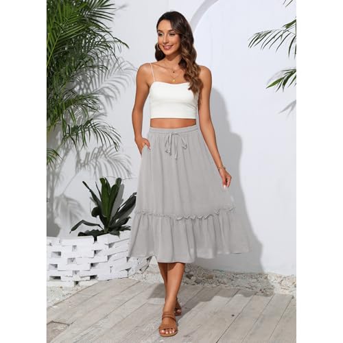 Image of Witsmile Women's Skirts - Elastic Waist Pleated A-Line Midi Skirt Dress with Pockets for Women Dressy Casual(Light Gray,L)