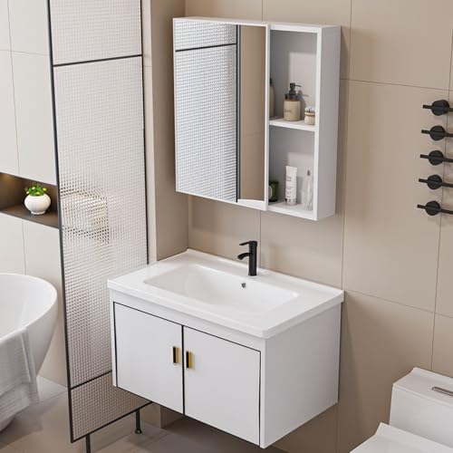 Juego de tocador de baño montado en la pared con grifo de lavabo de cerámica y armario con espejo, diseño moderno de lavabo que ahorra espacio (blanco, 43 x 35 cm)