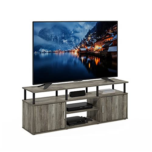 Image of Furinno Jensen Entertainment Center Stand for TV up to 70 Inch, Plastic Pole, French Oak Grey /Black /Black