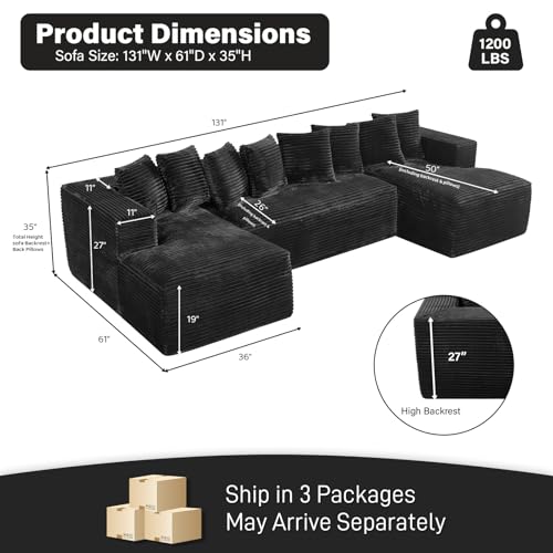 Image of 131 inch Oversized U Shaped Cloud Sectional Couches for Living Room, Comfy Fluffy Corduroy Black Boneless Sectionals Couch, Plush Memory Foam Modular Sectional Sofa with Chaise- 19 inch Seat Height