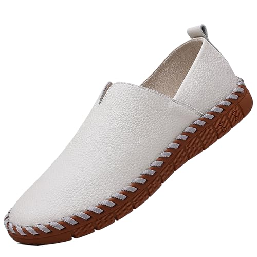 Men's Leather Hand Stitching Penny Loafers Lightweight Breathable Round Toe Slip On Flat Moccasins Outdoor Casual Driving Walking Shoes