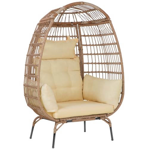 Image of Oversized Egg Chair Outdoor Wicker Egg Chair 352lbs Capacity Outdoor Lounge Chair All Weather PE Rattan Patio Chair with Removeable Thick Cushions for Patio Balcony Backyard Garden Indoor, White
